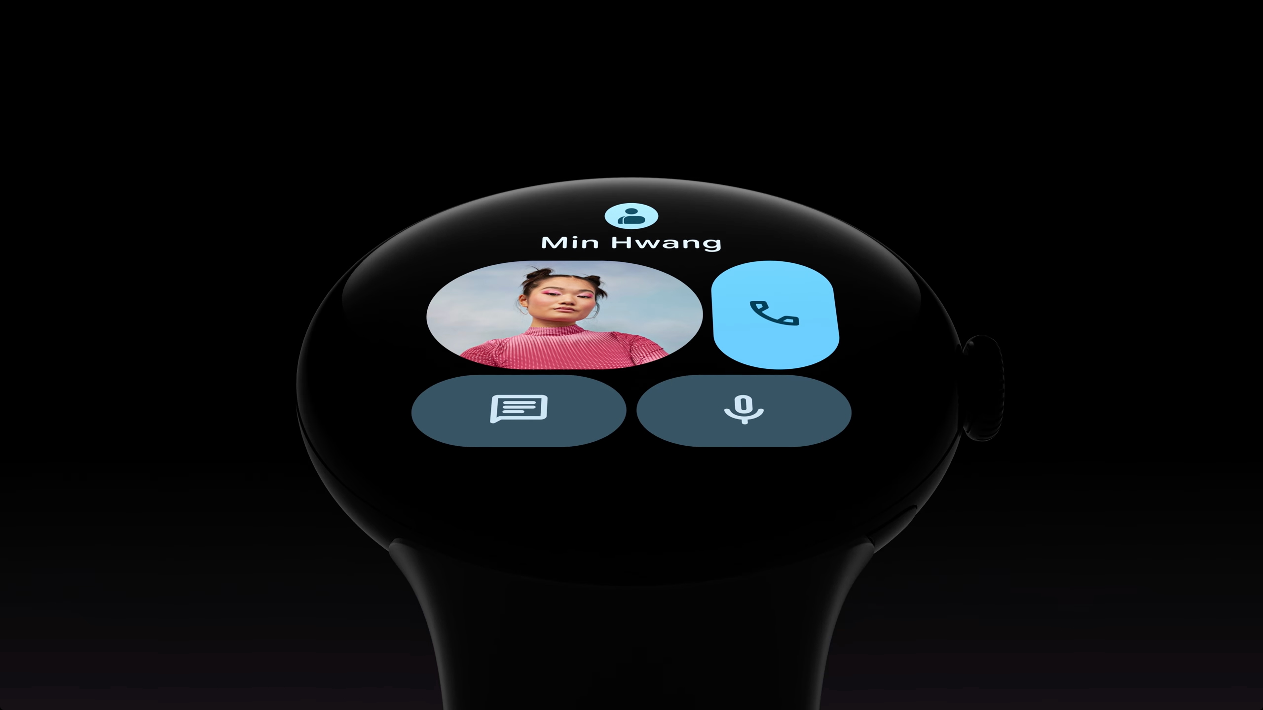 A Pixel Watch showing a redesigned Contacts tile with the contact's name and photo, with icons to call, message, or voice-to-text message her.